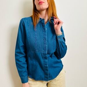 Vintage Talbots Indigo Blue Denim Cotton Western Embroidered Button Down Shirt
